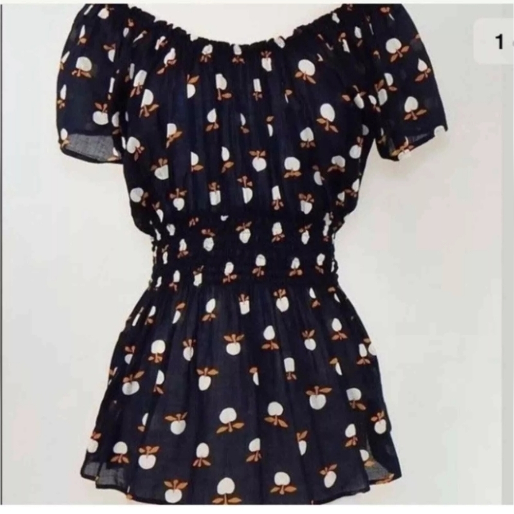MARIMEKKO Anthropologie Navy Blue Apple Print Sheer Smocked Blouse Top 0